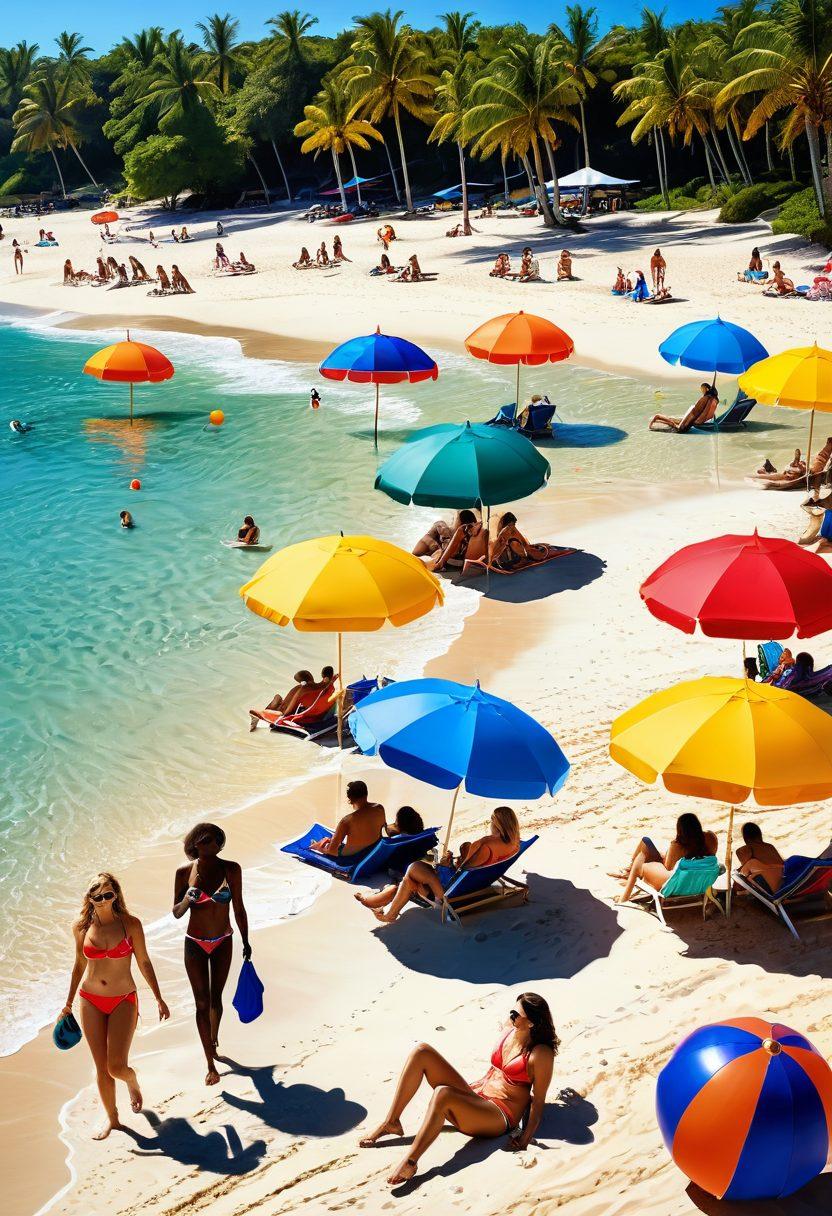 A vibrant scene showcasing diverse people of all shapes and sizes in stylish swimwear on a sunlit beach. Include colorful beach umbrellas, tropical palm trees, and playful beach accessories like sunglasses and beach balls. The atmosphere should feel joyful and inviting, with splashes of ocean water and warm sunlight enhancing the sense of summer fun. Capture the essence of body positivity and carefree summer days. super-realistic. vibrant colors. summer theme.