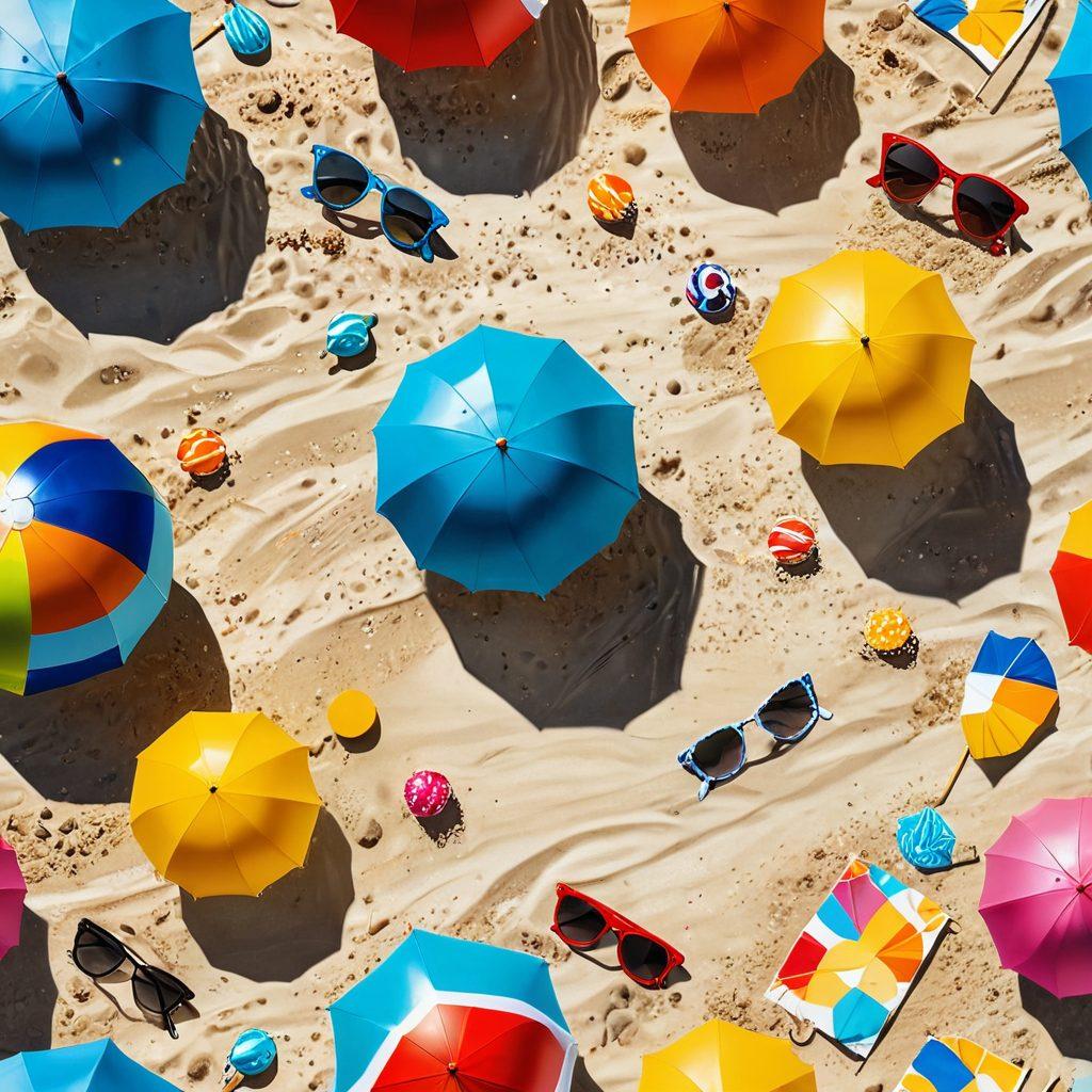 Create a vibrant beach scene featuring diverse individuals joyfully showcasing the latest swimwear trends. Include bold and colorful swimwear styles, wide-brimmed hats, sunglasses, and beach accessories along with an inviting ocean backdrop. Add playful elements like beach balls and umbrellas to enhance the summer vibe. super-realistic. vibrant colors. bright sunlight.